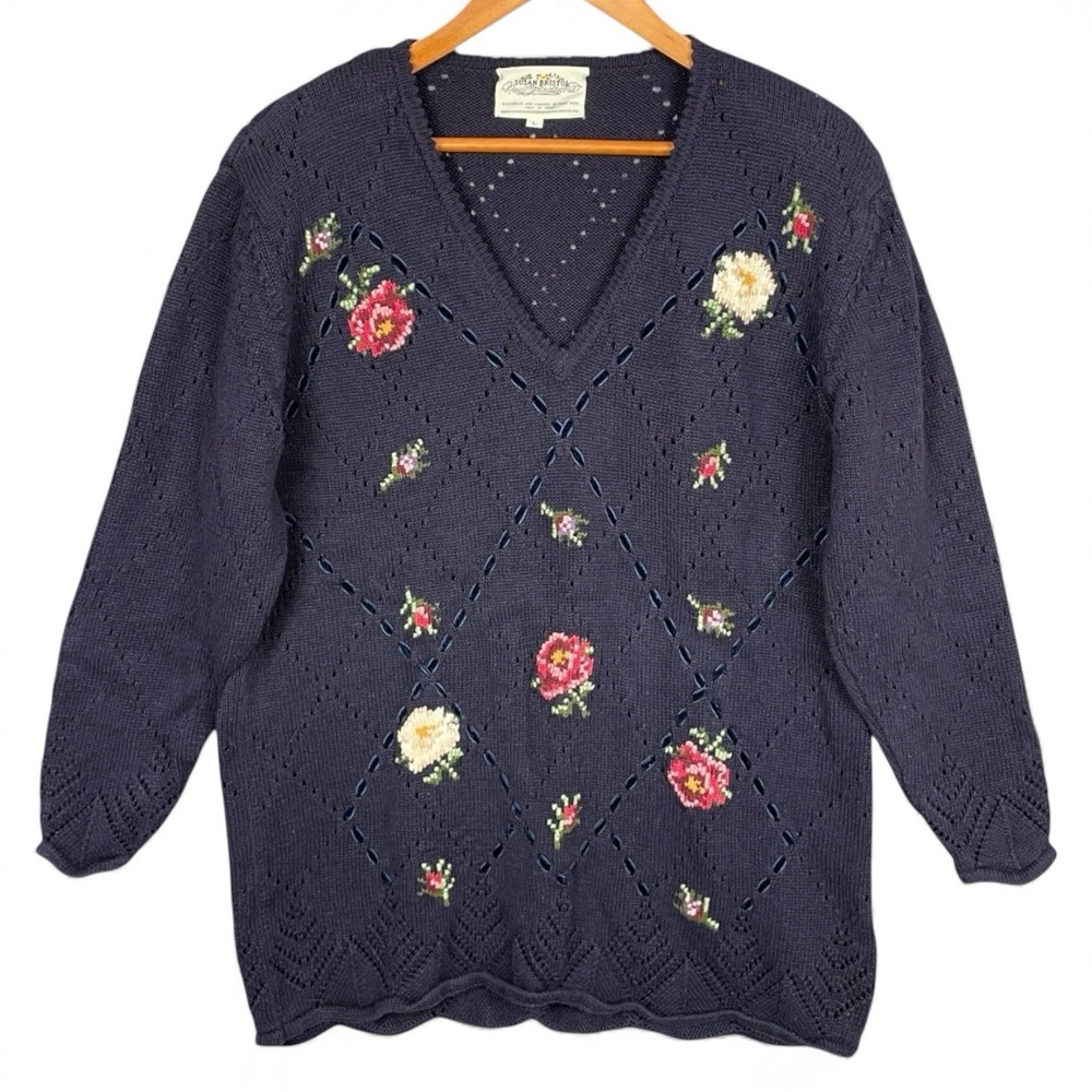 VTG Susan Bristol Classic‎ Ribbon Woven Floral Sweater Womens L Cottagecore 90s
